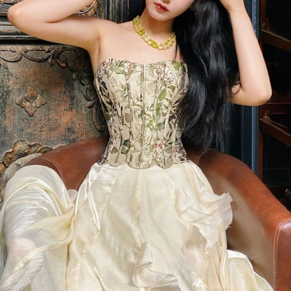 Floral Corset Top Bustier Ivory Green Pink Botanical‎ Print Boned Sweetheart